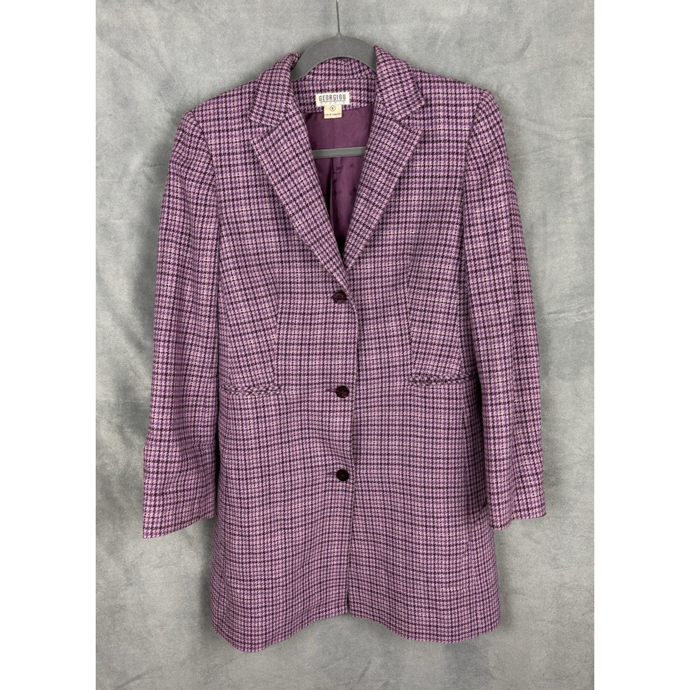 Vintage Georgiou Studio Plaid Houndstooth Wool Blend Coat Women's 6 Purple Gold